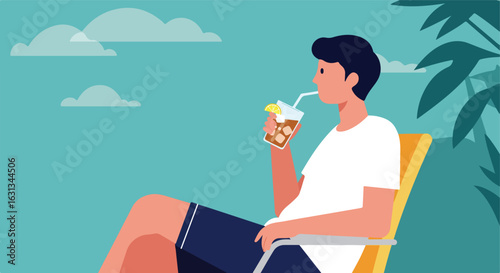 Man drinks iced tea on beach lounge, palm tree backdrop, clouds above. Summer vibes