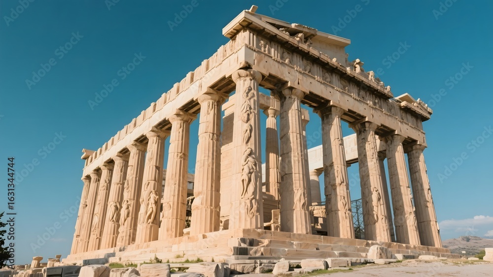 Obraz premium The Parthenon, an ancient Greek temple with iconic columns and sculptures under a clear blue sky.