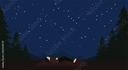 Person Lying Under Starry Sky in Forest Background; Use for peaceful sleep concept