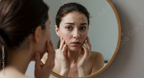 Young woman looking at her reflection with concern, checking facial acne and skin problems in bathroom mirror.