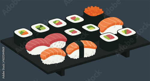 Various sushi selections on platter against a dark background for Japanese cuisine