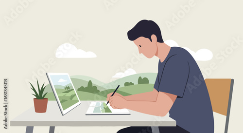 Designer drawing landscape on a tablet at a table with a view of rolling hills