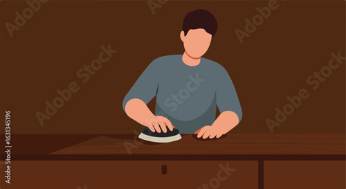 Man polishing wood at wooden workbench in workshop. For crafts, DIY projects