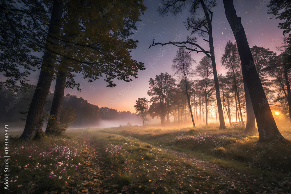 Obraz premium Misty Forest Path at Sunrise with Golden Light trail
