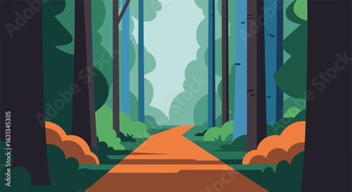 Orange trail winds ahead in flat, dark forest. Use wallpaper, print, ad, app
