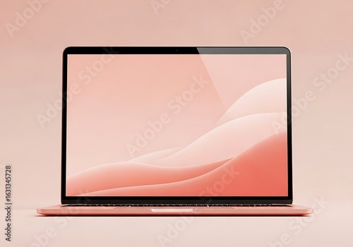 Modern rose gold laptop displaying a soft abstract wave pattern on a pastel pink background