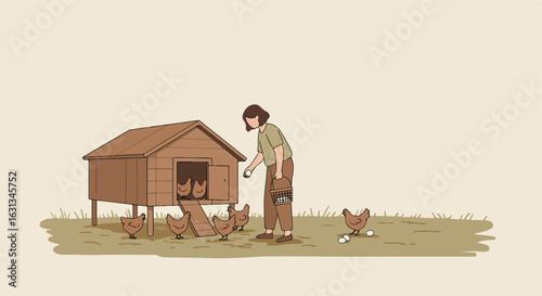 Woman feeding chicken at coop, with some eggs laying on the ground