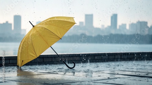 Yellow umbrella in rain weather with city skyline background