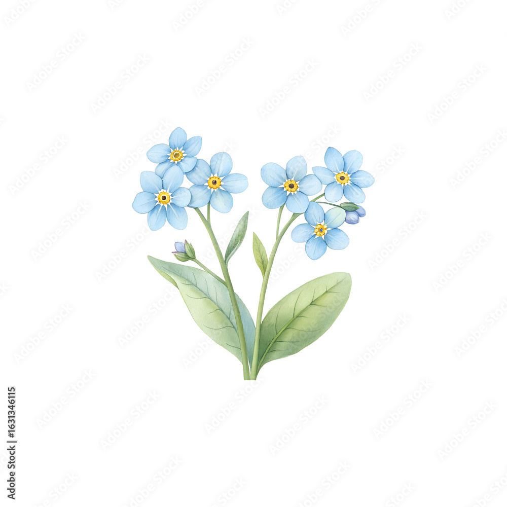 Fototapeta premium Delicate watercolor forget-me-nots bursting with vibrant blue petals and soft green leaves, perfect for elegant spring invitations and naturalistic designs.on white background