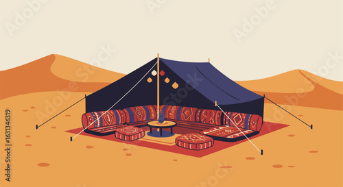 Desert tent lounge in sand dunes offering travel, shelter, rest, & cultural escape