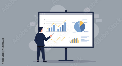 Man presents charts, data, analysis. Chat icons imply it's a webcast