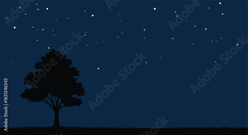 Silhouette tree under night sky filled with stars. Use Wallpaper, design