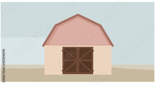 Closed barn doors in field, flat blue sky. For storage and farming concepts