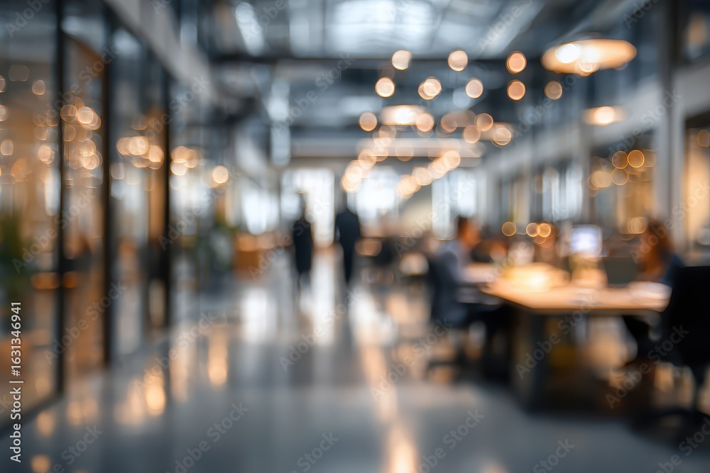 Fototapeta premium Blurred view of a modern office space with professionals engaged in various tasks and collaborative discussions
