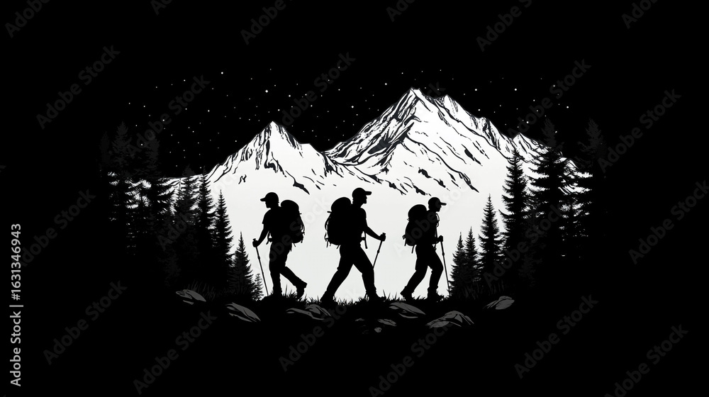 Fototapeta premium Hikers silhouette trekking mountains nighttime adventure nature landscape