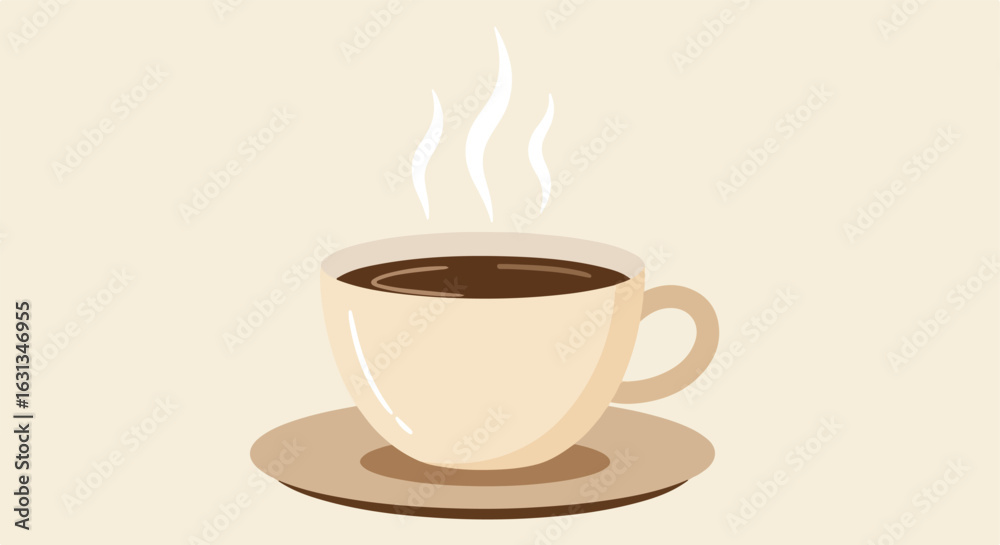 Obraz premium Steaming cup of coffee on beige background, illustration for a coffee break use
