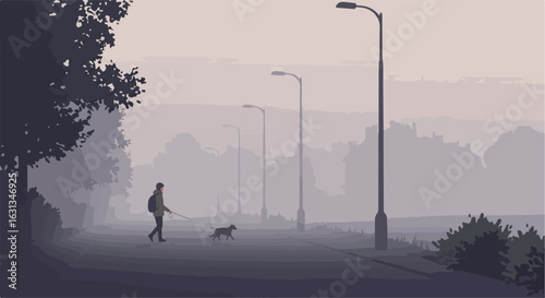 Walking a dog on path. Trees, lampposts in foggy background for a mood illustration