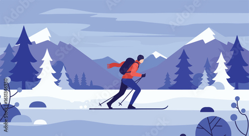 Person Skiing in Winter; Snow, Mountains, Trees in Background; use for adventure design