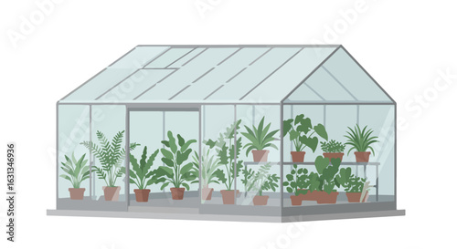 Greenhouse filled with potted plants. Can be used for gardening or botanical projects