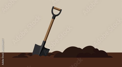 Shovel in the Ground, Digging on Soil, Flat Background, Agricultural Concept