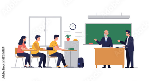 Teachers lecture students in a classroom with blackboard and desk in the background