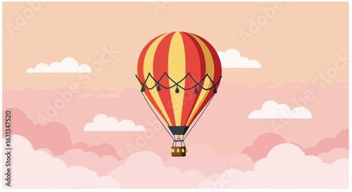 Hot air balloon soars above pink clouds. Travel poster, postcard, vacation