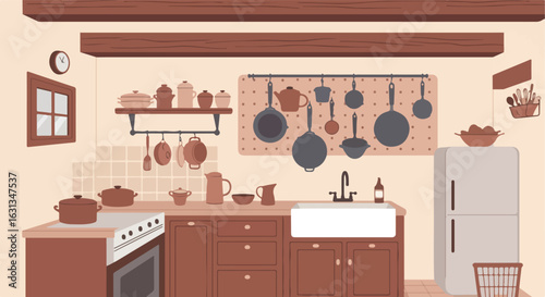 Detailed drawing of utensils in an organized kitchen, background interior design