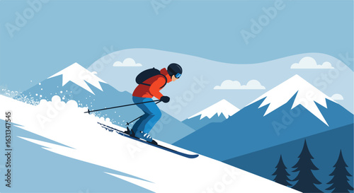 Skier descends snowy mountain with trees in background. Travel, sport lifestyle