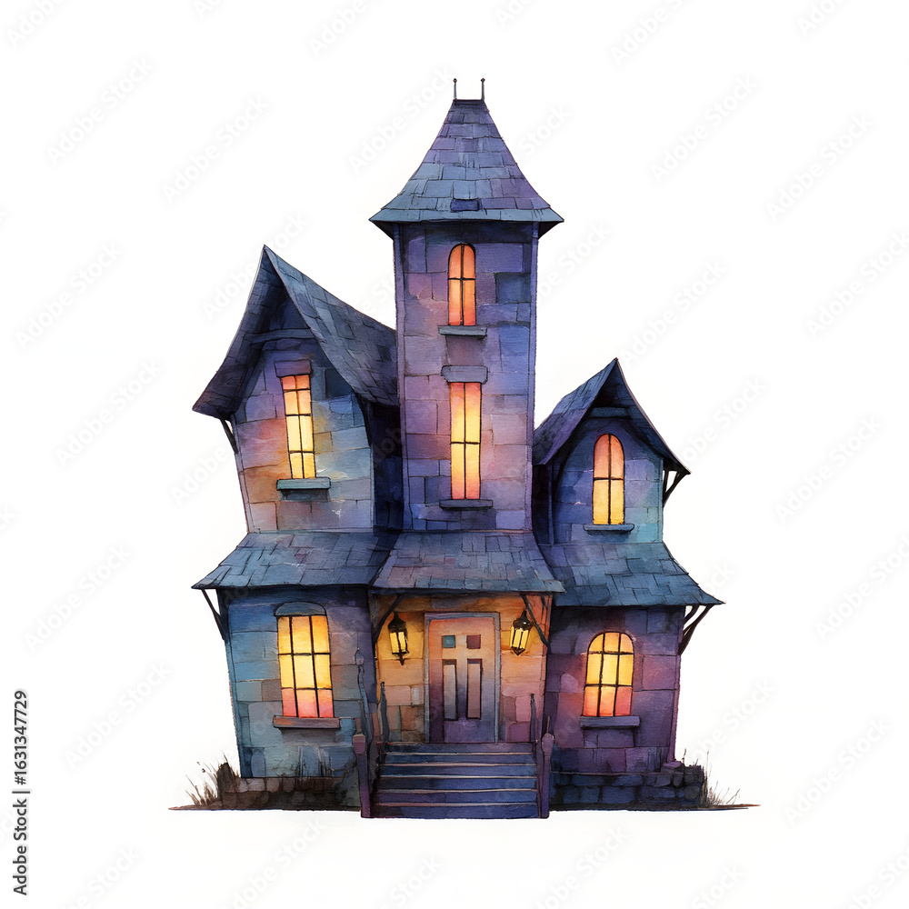 Obraz premium Watercolor haunted house with glowing windows and eerie atmosphere.