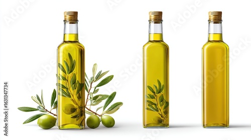 Three clear glass bottles of golden olive oil with cork stoppers, one adorned with olive branch and fruit, set against a stark white backdrop