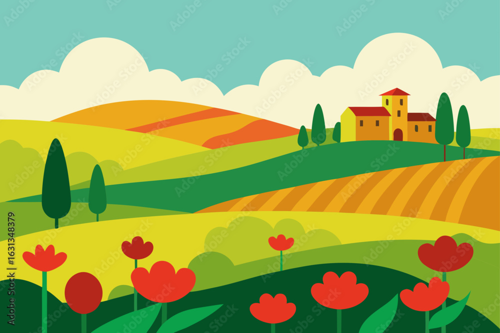 Naklejka premium summer landscape with green grass and blue sky