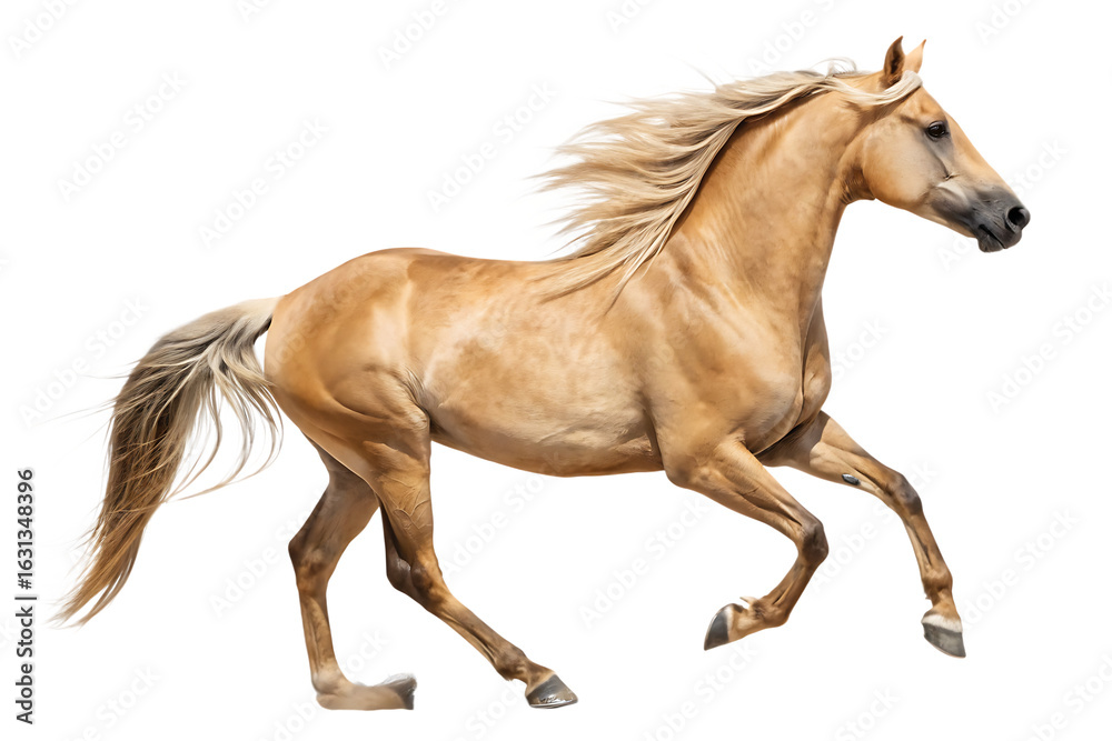 Naklejka premium Light brown horse stallion running, side profile isolated on transparent background