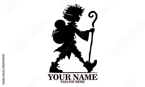 Engraved illustration vector of hobbit characters with curly hair and  walking stick. concept of hobbit day, hobbit logo design 