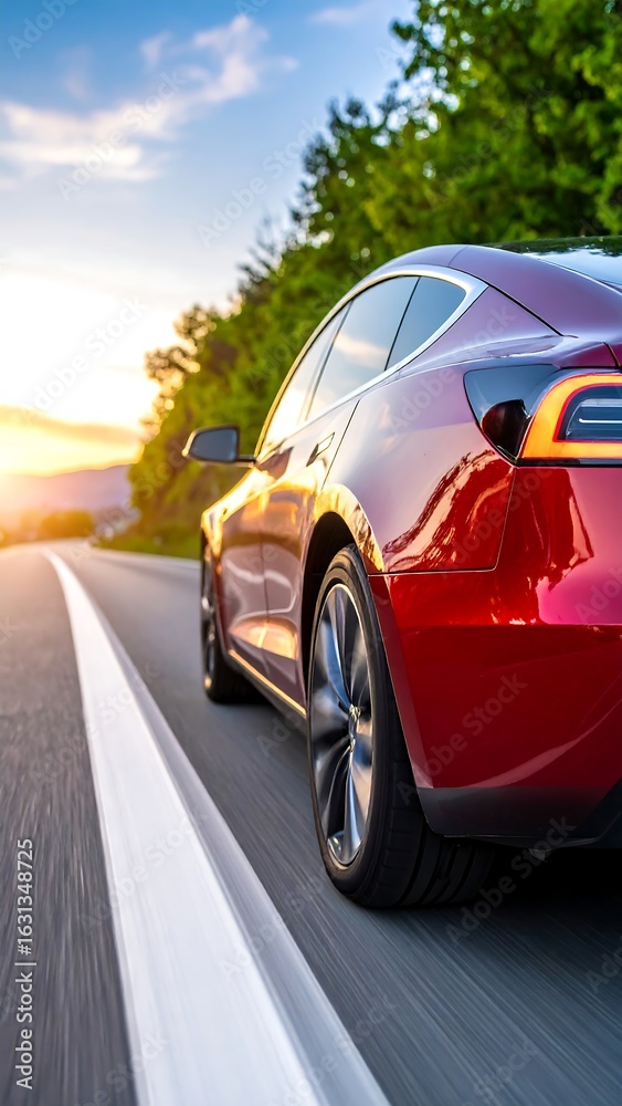 Fototapeta premium Red EV on a highway at sunset