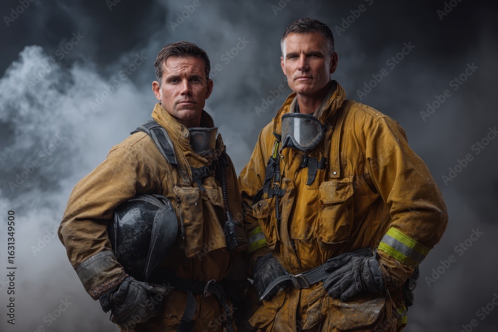 Fototapeta premium Professional firefighters pose confidently in full gear amid smoky backdrop showcasing dedication and readiness for emergency response in urban environment