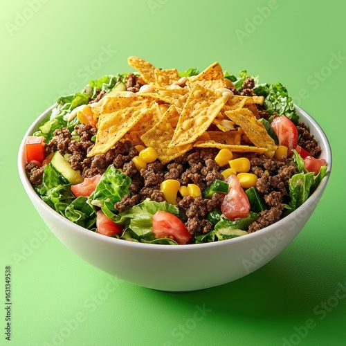 Fresh and colorful taco salad bowl with crispy chips seasoned ground beef fresh vegetables corn tomato lettuce on green background