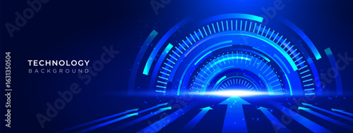 Futuristic technology background with glowing arrows and circular HUD elements. Abstract digital vector on a dark blue background for website, banner, or presentation use.