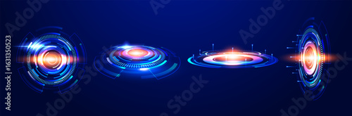 Set of futuristic glowing HUD rings on a dark blue background. Modern, futuristic abstract technology vector elements for websites, banners, covers, or digital presentations. Illustration.
