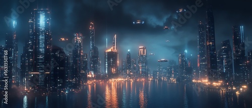 Futuristic city skyline at night with reflections.