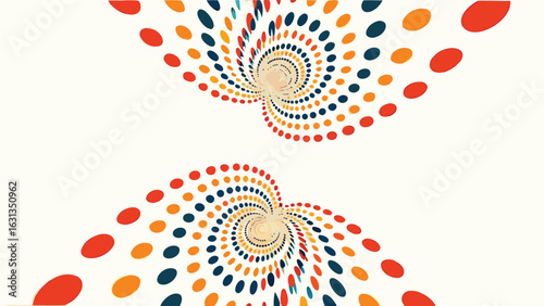 Colorful spirals formed by dots in red orange and blue creating a dynamic visual pattern effect seen here