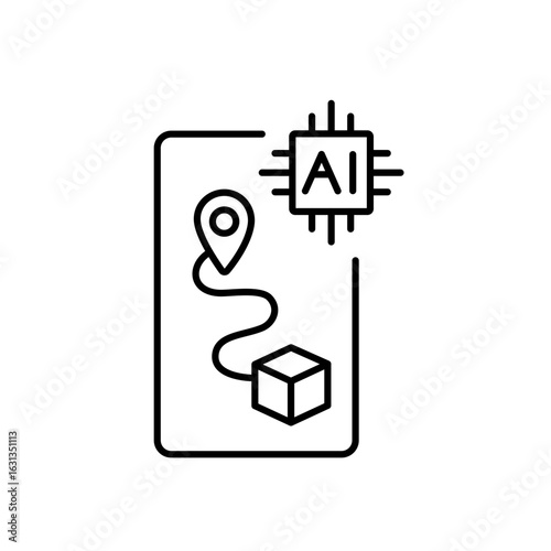 A vector icon of a smartphone with a parcel route and AI chip, representing smart route tracking using artificial intelligence, created in line style with editable stroke