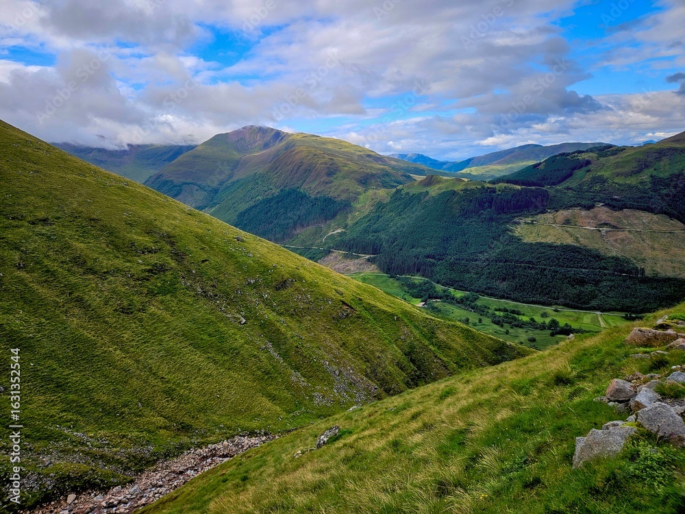 Naklejka premium View of the July landscape in Scotland, lush greenery, mountains, heather, cloudy weather
