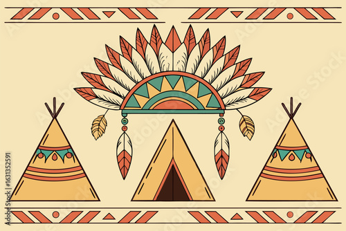 Native American tribal design with teepees and feather headdress indigenous culture