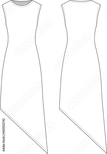 sleeveless round necck asymmetric hem bodycon straight a line midi long maxi elastic dress template technical drawing flat sketch cad mockup fashion woman design style model 
