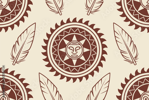 Tribal Sun Face and Feather Pattern on Cream Background vector