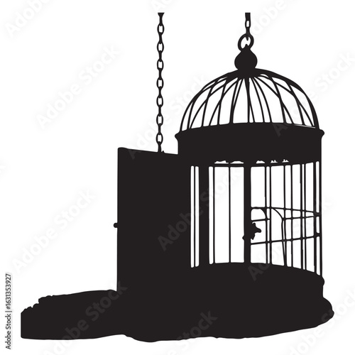 Silhouette of a vintage birdcage with an open door hanging by a chain isolated on white background