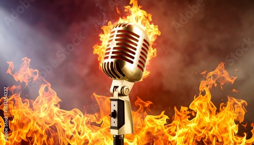 Vintage Microphone Engulfed in Fiery Passion Against Smoky Backdrop