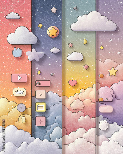 Kawaii pastel social media template with cute doodle icons and soft gradient backgrounds, playful minimal layout