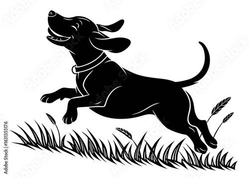 A black silhouette of a dog leaping joyfully through tall grass with its tail wagging happily in the air created with generated ai