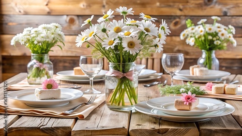 Rustic Spring Table Setting: Daisies in Mason Jar, Elegant Place Settings, Wooden Table